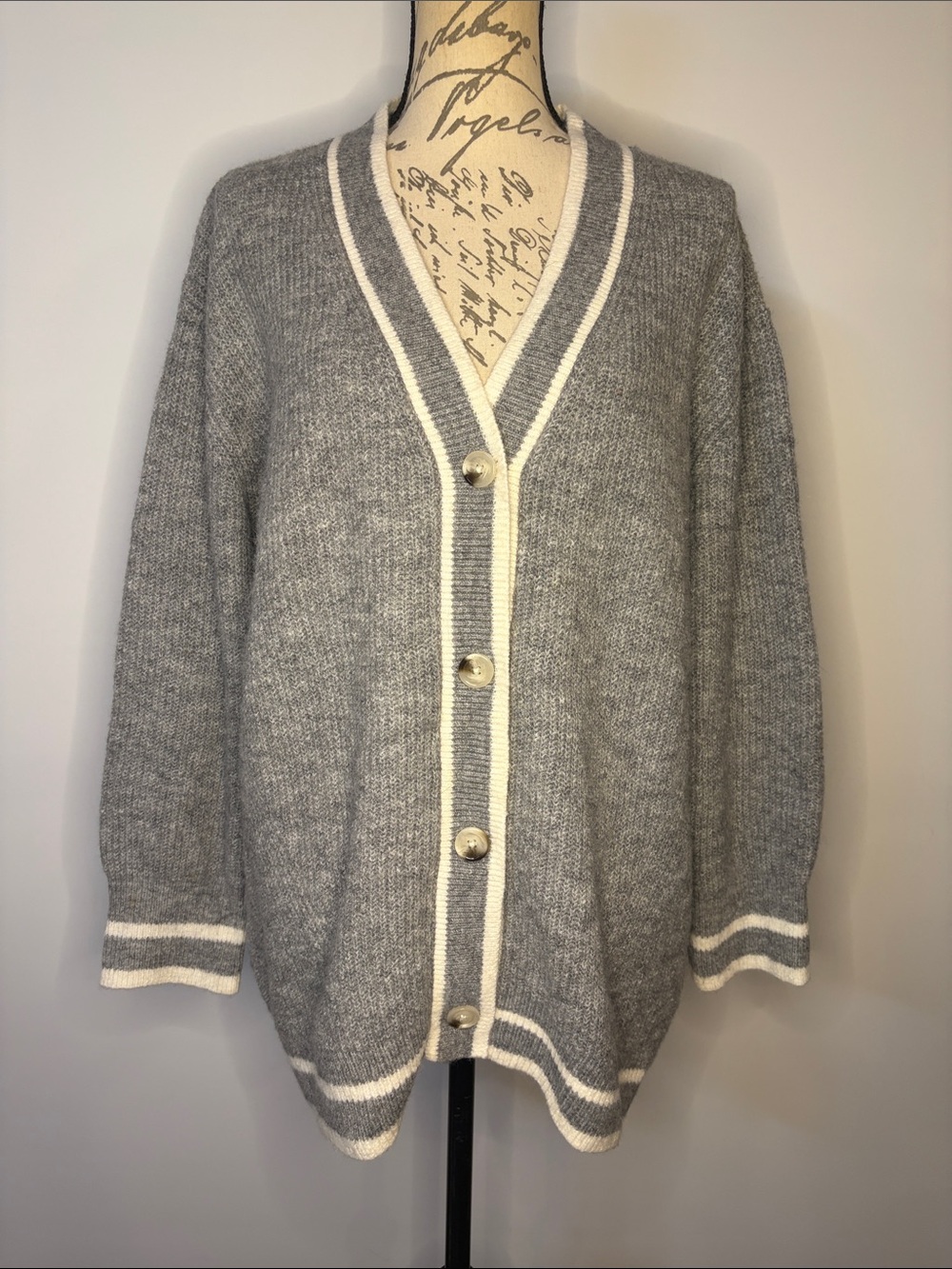 A New Day like new oversized varsity style soft cardigan sweater gray ivory M